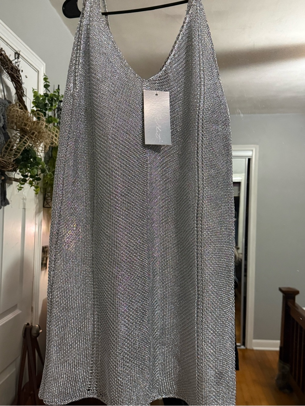 Silver Metallic Swimsuit Cover-up.- Sleeveless V-Neck